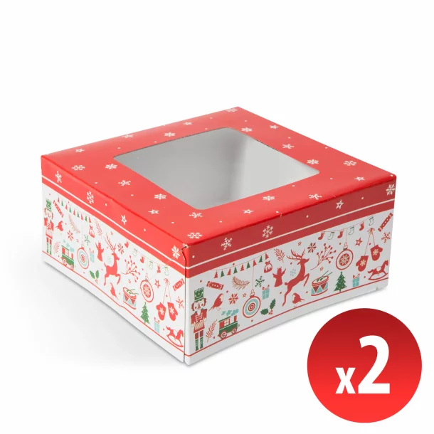 Cutie de cadouri din hârtie, cu motive de Crăciun - capac transparent - 2 buc / pachet