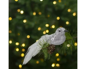 Ornament de Crăciun - pasăre cu sclipici - cu clemă - argintie - 2 buc/pachet