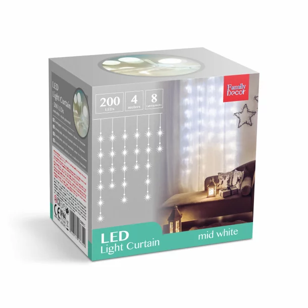 Perdea luminoasă - 200 LEDuri - albă - IP44 - 4,2 m - 8 programe