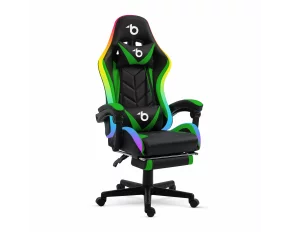 Scaun gamer RGB LED - cu cotiere, perna - negru/verde