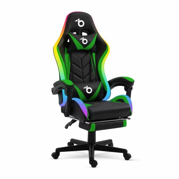 Scaun gamer RGB LED - cu cotiere, perna - negru/verde