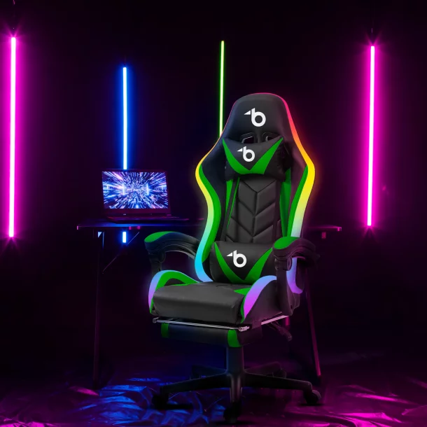 Scaun gamer RGB LED - cu cotiere, perna - negru/verde