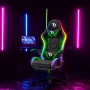 Scaun gamer RGB LED - cu cotiere, perna - negru/verde