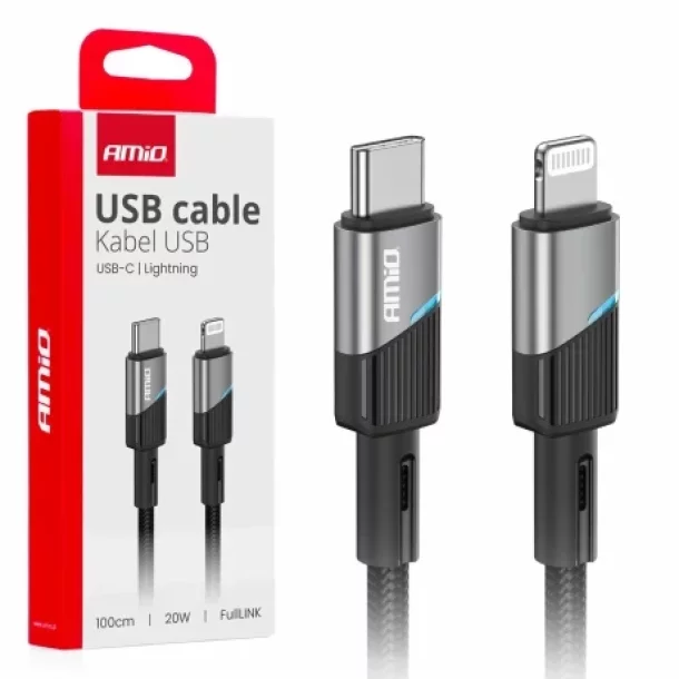 Cablu de date si incarcare USB Type-C la tip Lightning, 20W, 100cm, cu LED, FullLINK Amio, Negru