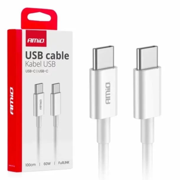 Adat es toltokabel USB Type-C-rol USB Type-C-re, 60W, 100cm, FullLINK Amio, Feher