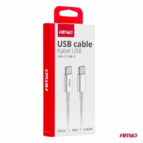 Adat es toltokabel USB Type-C-rol USB Type-C-re, 60W, 100cm, FullLINK Amio, Feher