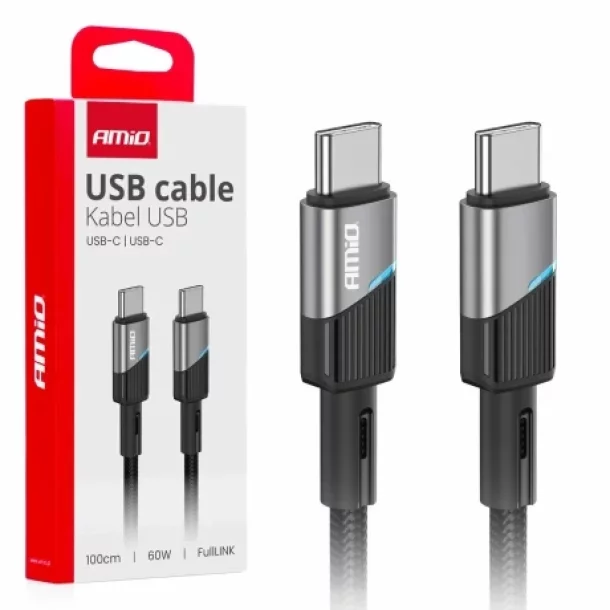 Adat es toltokabel USB Type-C-rol USB Type-C tipusra, 60W, 100cm, LED-del, FullLINK Amio, Fekete