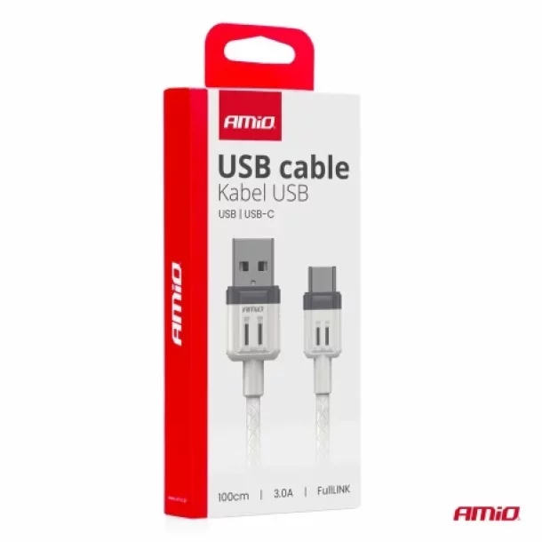Data and charging cable USB to USB Type-C, 3A, 100cm, FullLINK Amio, White