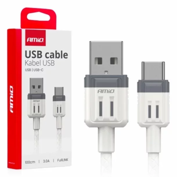 Data and charging cable USB to USB Type-C, 3A, 100cm, FullLINK Amio, White