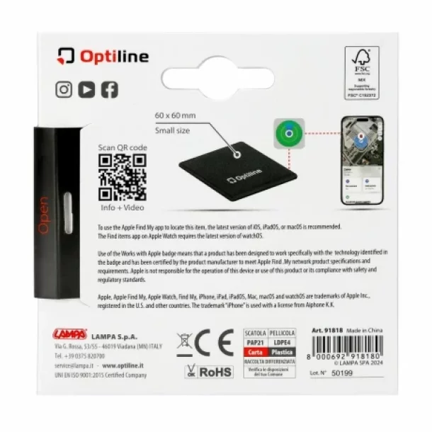 Localizator de obiecte Opti Tracker Compact, Ultra-subtire, cu adeziv, functionare prin aplicatia Find My de la Apple
