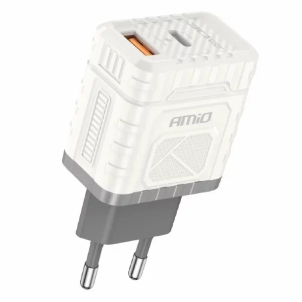 Incarcator retea Amio cu 2 porturi, USB-A si USB-C, 30W Quick Charge tehnologie GaN, 230V