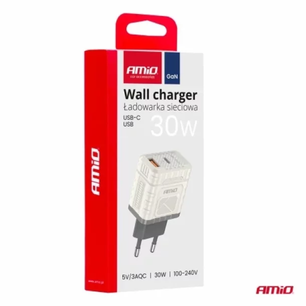 Incarcator retea Amio cu 2 porturi, USB-A si USB-C, 30W Quick Charge tehnologie GaN, 230V
