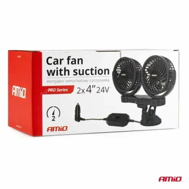 Ventilator auto dublu cu 2 viteze, fixare cu ventuza, diametru 2x4&#039;&#039;, Amio, 24V