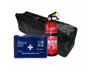 Set pachet prim ajutor auto, trusa sanitara si stingator cu pulbere 1kg Cridem, geanta organizatoare Negru