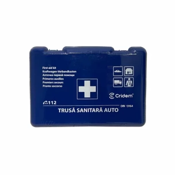 Set pachet prim ajutor auto, trusa sanitara si stingator cu pulbere 1kg Cridem, geanta organizatoare Negru