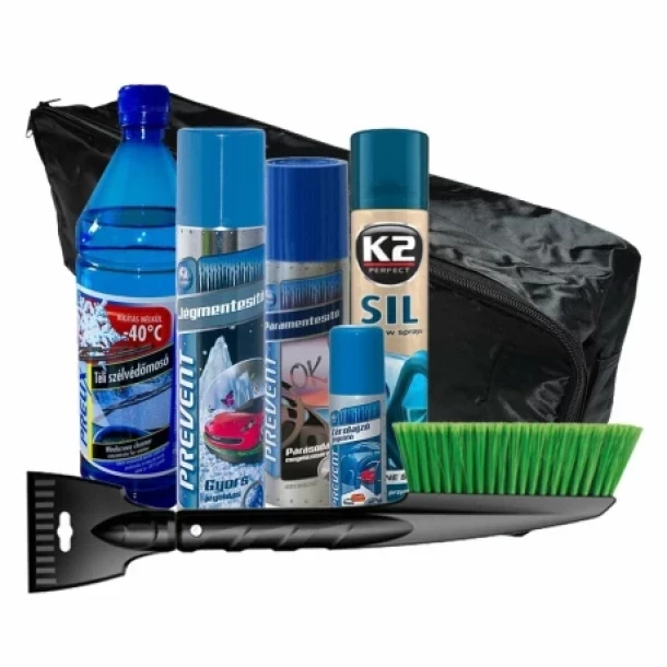 Pachet de iarna pentru degivrare, Optimal, Solutie parbriz -40°C, spray Sil chedere 300ml, razuitor gheata cu perie 43cm, geanta organizatoare, spray dezaburire 200ml, dezghetat 300ml, dezghetat si gresat incuietori 50ml, 7buc