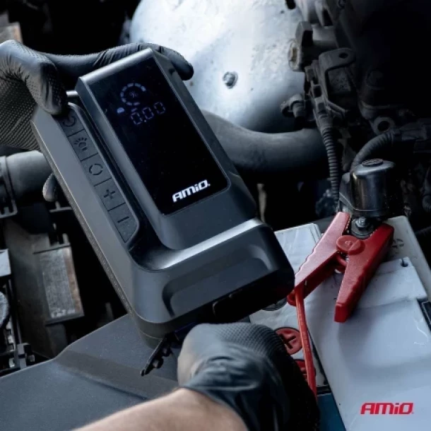 Robot pornire portabil 4 in 1 cu LED, compresor si Powerbank, 12V, 12Ah, 1600A, AMIO