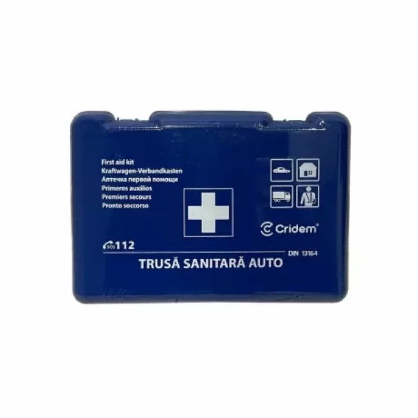 Set pachet prim ajutor auto, trusa sanitara si stingator cu pulbere 1kg Cridem, geanta organizatoare Galben