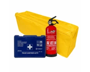 Set pachet prim ajutor auto, trusa sanitara si stingator cu pulbere 1kg Cridem, geanta organizatoare Galben