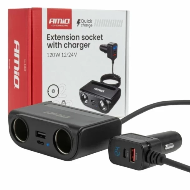 Priza dubla bricheta cu 2xUSB-A + 2xUSB-C QC3.0 PD3.0 120W, 12/24V, Amio