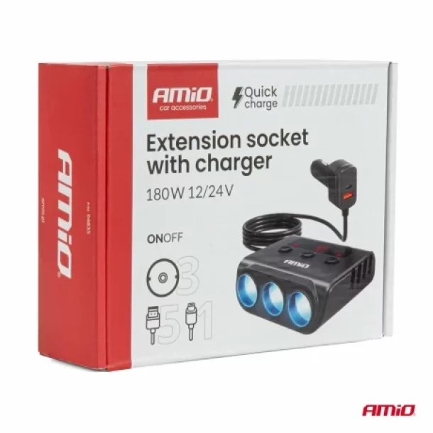 Priza tripla bricheta cu 4xUSB-A + USB-A/USB-C QC3.0 PD3.0 180W, 12/24V, Amio