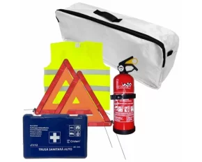 Cridem first aid package for car, extinguisher, first aid kit, 2pcs warning triangle, warning waistcoat, trunk organizer White
