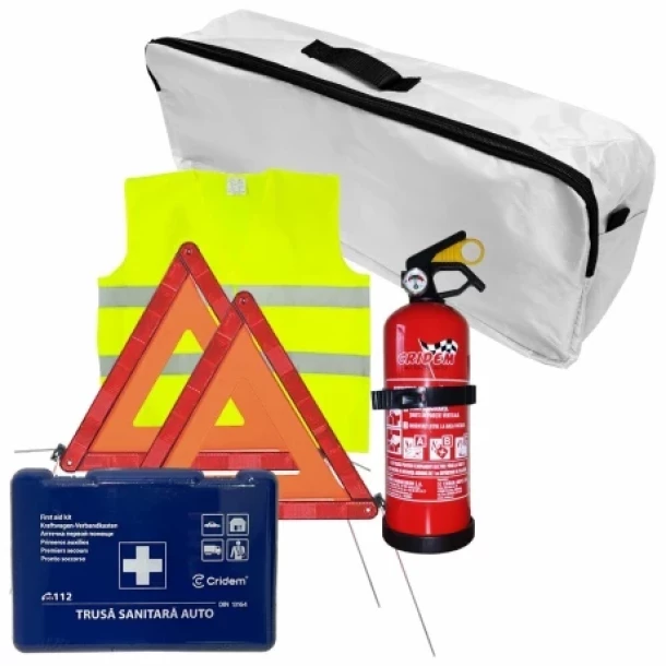 Cridem first aid package for car, extinguisher, first aid kit, 2pcs warning triangle, warning waistcoat, trunk organizer White