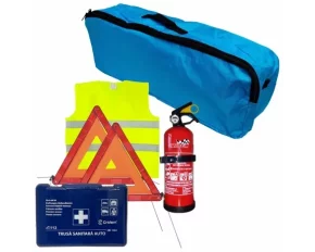 Cridem first aid package for car, extinguisher, first aid kit, 2pcs warning triangle, warning waistcoat, trunk organizer Blue