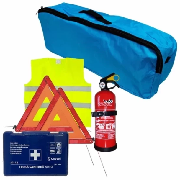 Cridem first aid package for car, extinguisher, first aid kit, 2pcs warning triangle, warning waistcoat, trunk organizer Blue
