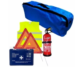 Cridem first aid package for car, extinguisher, first aid kit, 2pcs warning triangle, warning waistcoat, trunk organizer Navy blue