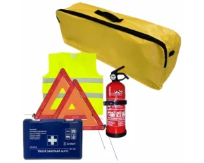 Cridem first aid package for car, extinguisher, first aid kit, 2pcs warning triangle, warning waistcoat, trunk organizer Yellow