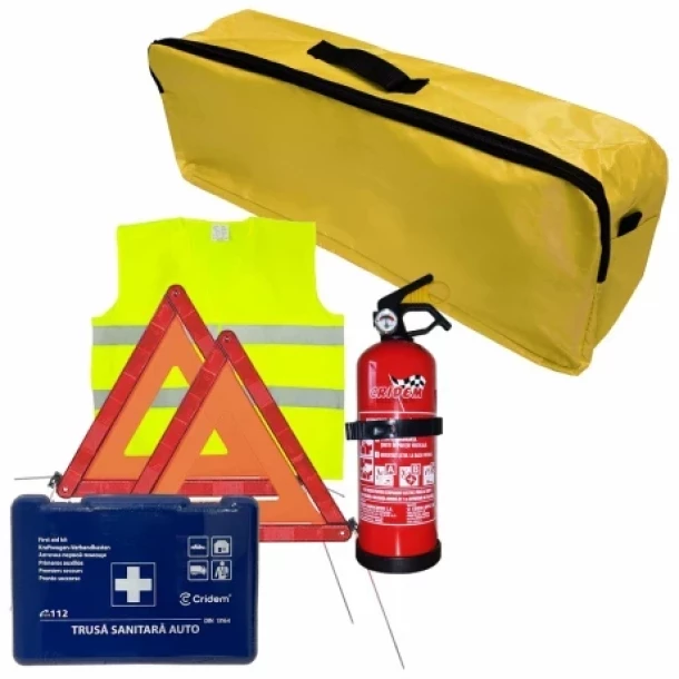 Cridem first aid package for car, extinguisher, first aid kit, 2pcs warning triangle, warning waistcoat, trunk organizer Yellow