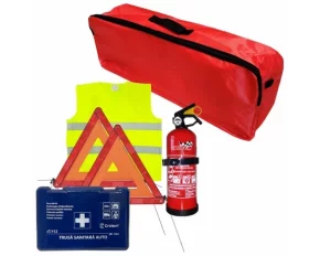 Cridem first aid package for car, extinguisher, first aid kit, 2pcs warning triangle, warning waistcoat, trunk organizer Red