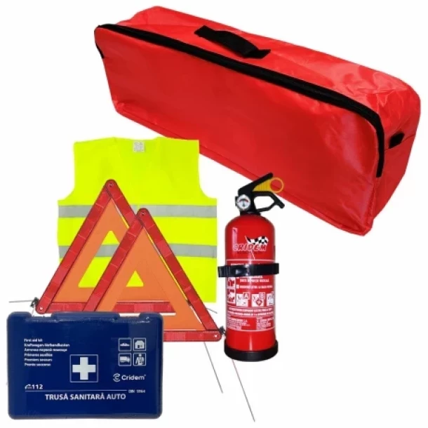 Cridem first aid package for car, extinguisher, first aid kit, 2pcs warning triangle, warning waistcoat, trunk organizer Red