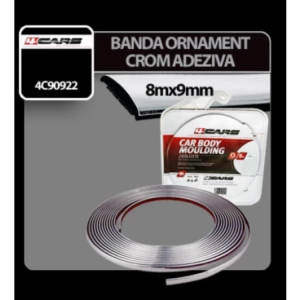 Banda ornament crom adeziva 4Cars - 8m x 9mm-Resigilat,