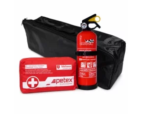 Set pachet prim ajutor auto, borseta sanitara si stingator cu pulbere 1kg Cridem, geanta organizatoare Negru