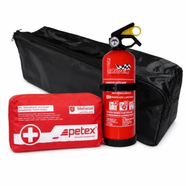 Set pachet prim ajutor auto, borseta sanitara si stingator cu pulbere 1kg Cridem, geanta organizatoare Negru