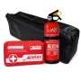 Set pachet prim ajutor auto, borseta sanitara si stingator cu pulbere 1kg Cridem, geanta organizatoare Negru