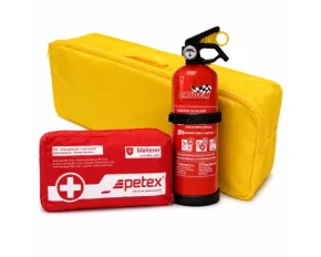 Set pachet prim ajutor auto, borseta sanitara si stingator cu pulbere 1kg Cridem, geanta organizatoare Galben
