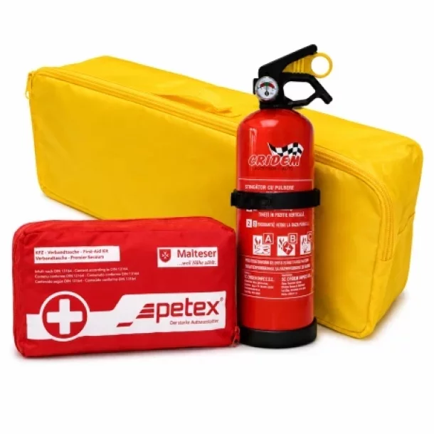 Set pachet prim ajutor auto, borseta sanitara si stingator cu pulbere 1kg Cridem, geanta organizatoare Galben