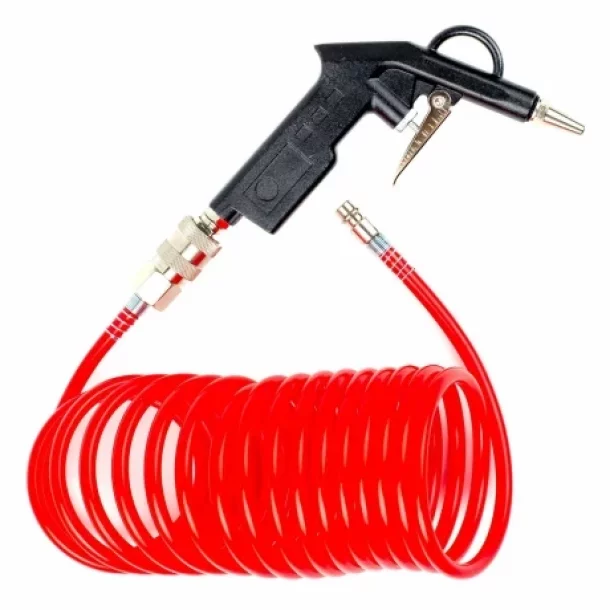 Set pneumatic pentru umflat anvelope si suflat aer, cu manometru si furtun spiralat 5 m, Amio - 6 piese
