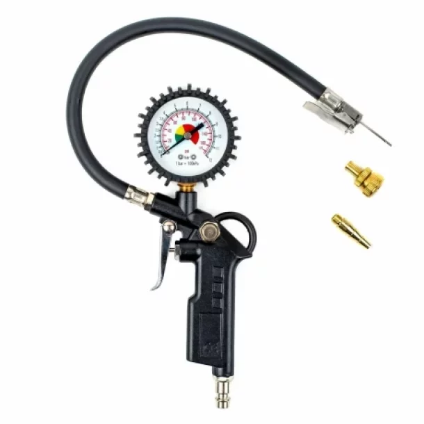 Set pneumatic pentru umflat anvelope si suflat aer, cu manometru si furtun spiralat 5 m, Amio - 6 piese