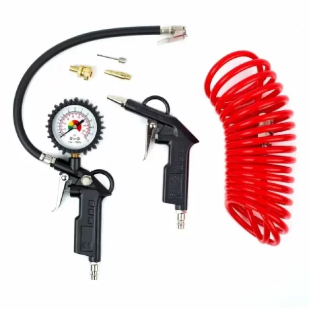 Set pneumatic pentru umflat anvelope si suflat aer, cu manometru si furtun spiralat 5 m, Amio - 6 piese