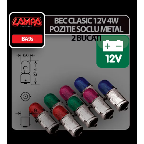 Bec clasic 4W 12V pozitie soclu metal BA9s 2buc - Verde