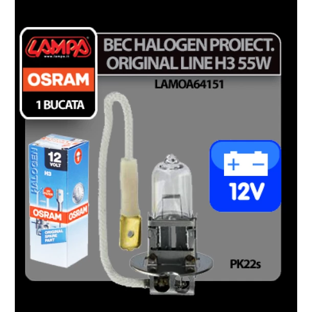 Bec halogen 12V - H3 - 55W Original Line PK22s 1buc Osram