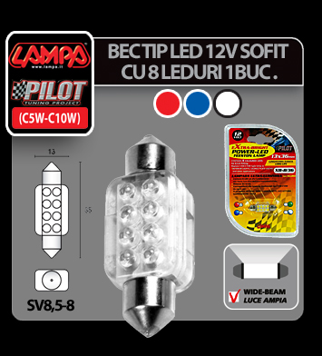 Bec LED 12V - 13x35mm - 8LED Sofit SV8,5-8 1buc - Albastru thumb