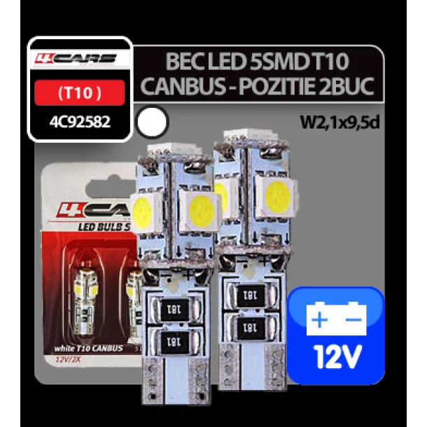 4Cars 12V Led - 5SMD - T10 W2,1x9,5d Canbus 2 db - Fehér