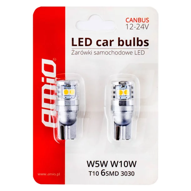 Led izzó 6SMD 3030, 12/24V Helyzetjelző lámpa, W5W, W10W, T10 Canbus 2db - Fehér