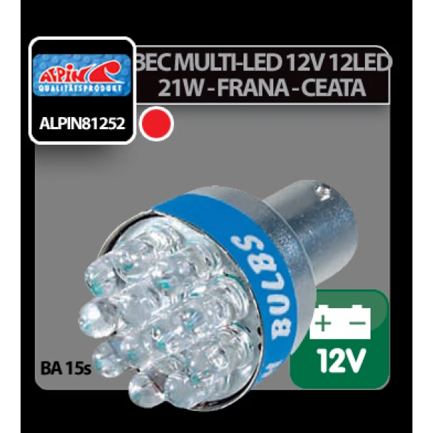 Bec Multi-Led 12Led 12V Frana, ceata spate 21W BA15s 1buc - Rosu