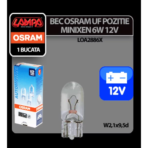 Bec Original Minixen Osram 12V - 6W Interior, soclu sticla W2,1x9,5d 1buc